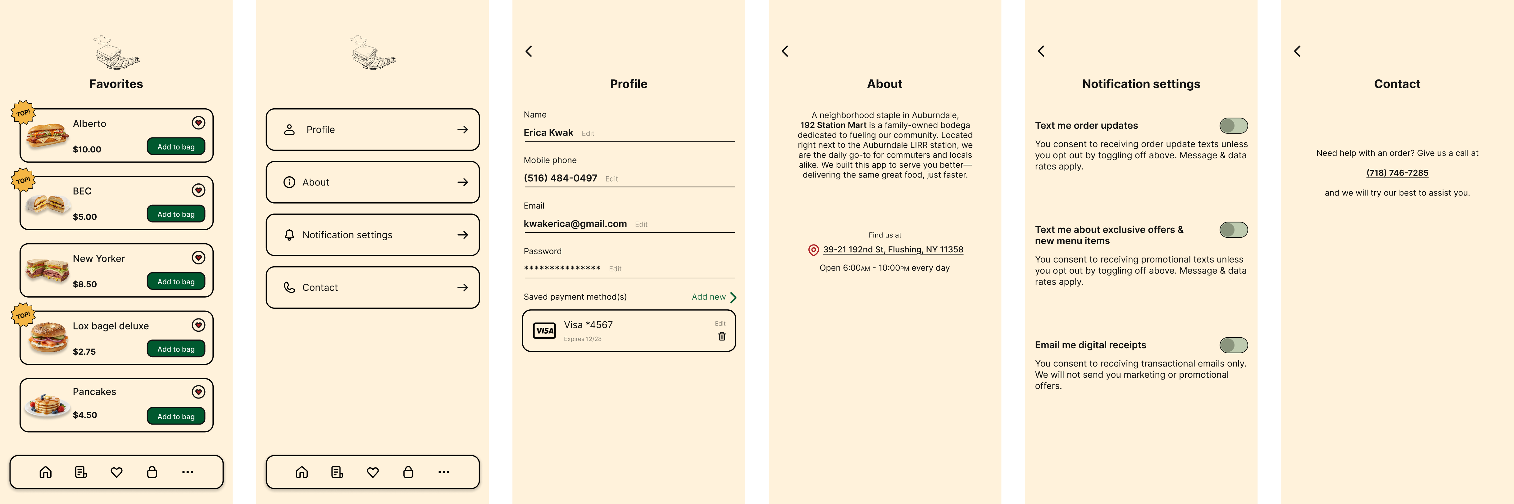 Additional pages — favorites, profile, settings, contact
